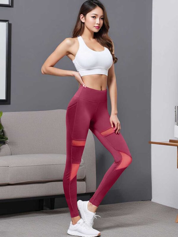 Women's High Waist Mesh Yoga Blossom Color & Red Leggings with Side Pockets